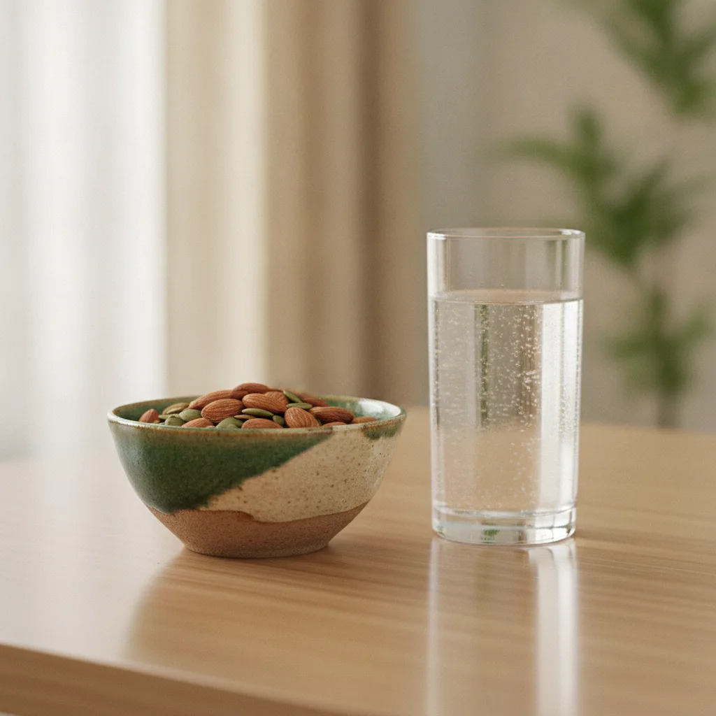 Amandelen en pompoenpitten in een keramische kom naast een glas water op een houten tafel