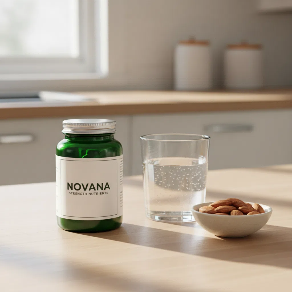 Novana Strength Nutrients pot op een helder verlichte keukentafel naast een glas water en een kommetje amandelen